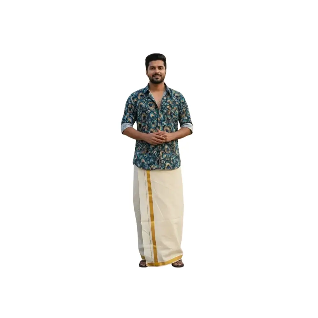 SN ONAKODI PEACOCK FEATHER SHIRT AND MUND COMBO