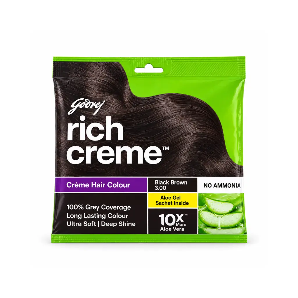 GODREJ RICH CREME BLACK BROWN 3.00 HAIR COLOUR 10X MORE ALOE VERA 20 G + 20 ML + 2 ML