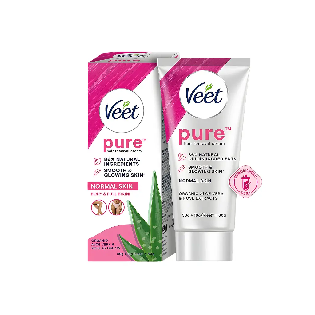 VEET PURE HAIR REMOVAL CREAM ORGANIC ALOE VERA &ROSE EXTRACTS NORMAL SKIN 60 GM(50GM+10GM FREE)