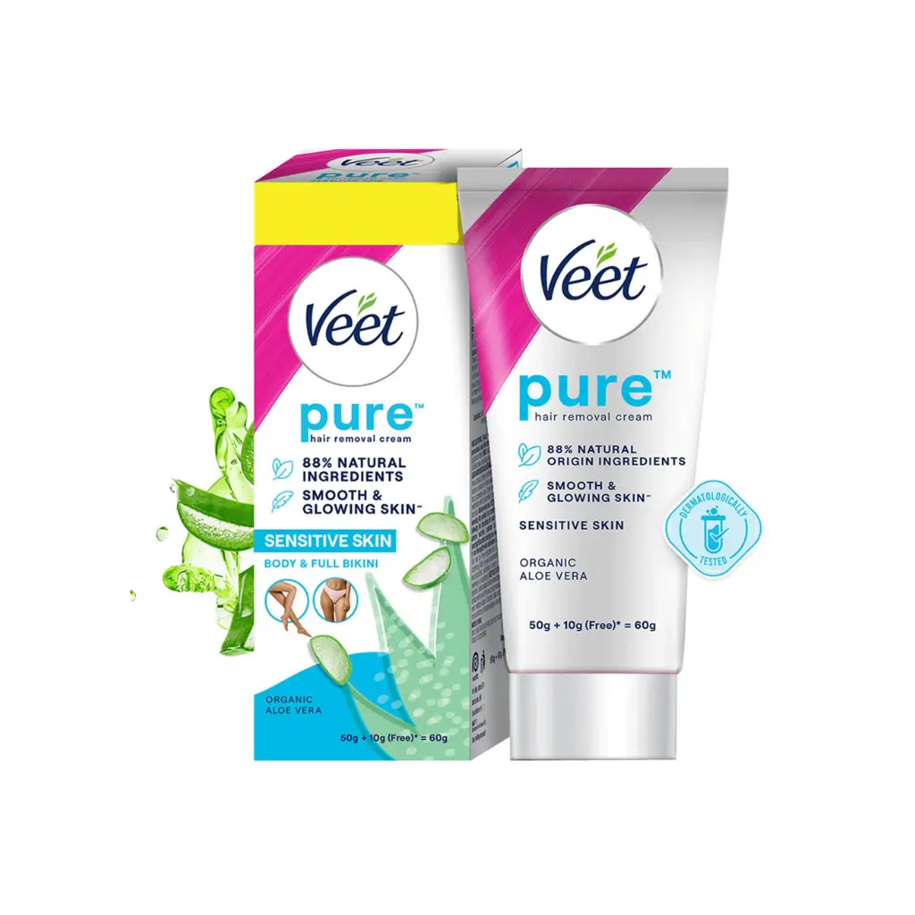 VEET PURE HAIR REMOVAL CREAM ORGANIC ALOE VERA SENSITIVE SKIN 60GM (50GM+10GM FREE)