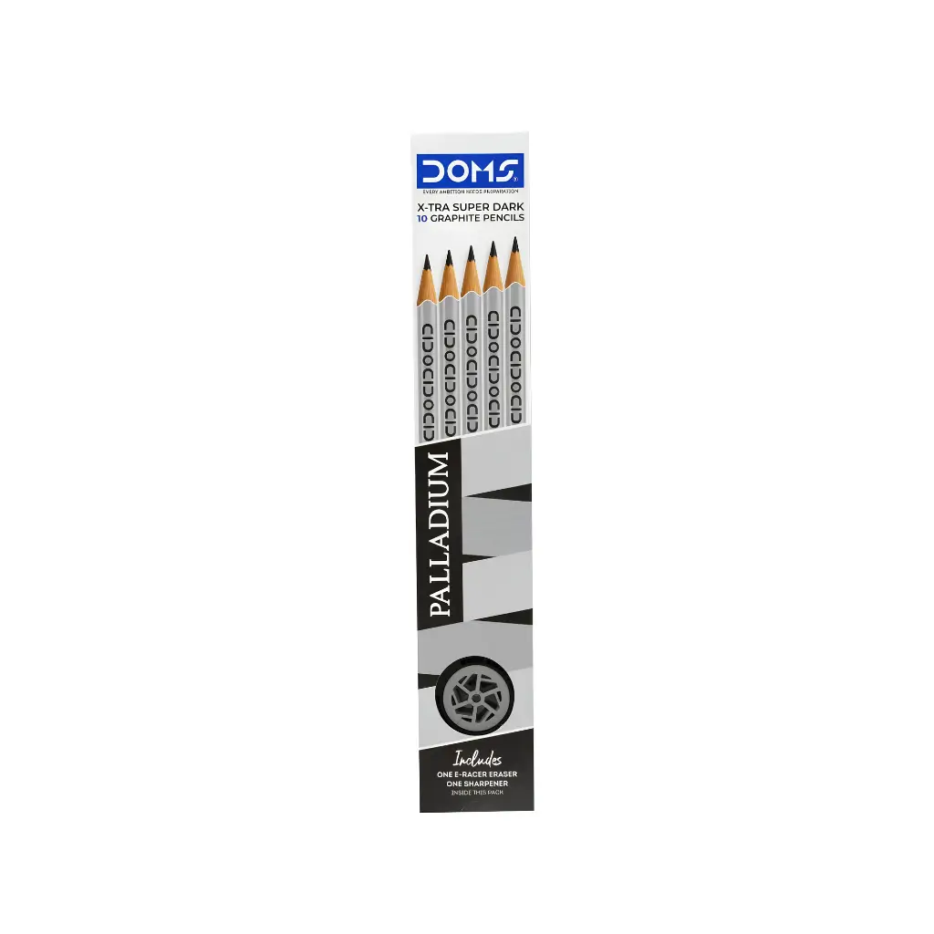 DOMS PALLADIUM 10 X-TRA SUPER DARK GRAPHITE PENCILS + 1 E-RACER & SHARPENER