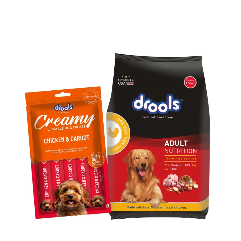 DROOLS ADULT NUTRITION CHICKEN AND EGG 1.2 KG + CREAMY LICKABLE DOG TREATS