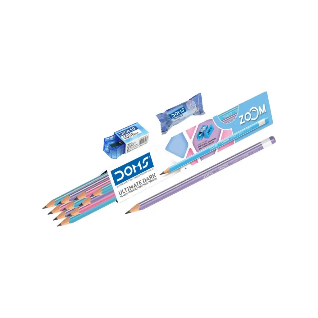 DOMS ZOOM 10 ULTIMATE DARK HB/2 TRIANGLE GRAPHITE PENCILS + 1 CRYSTAL SHARPENER & TRIANGLE ERASER